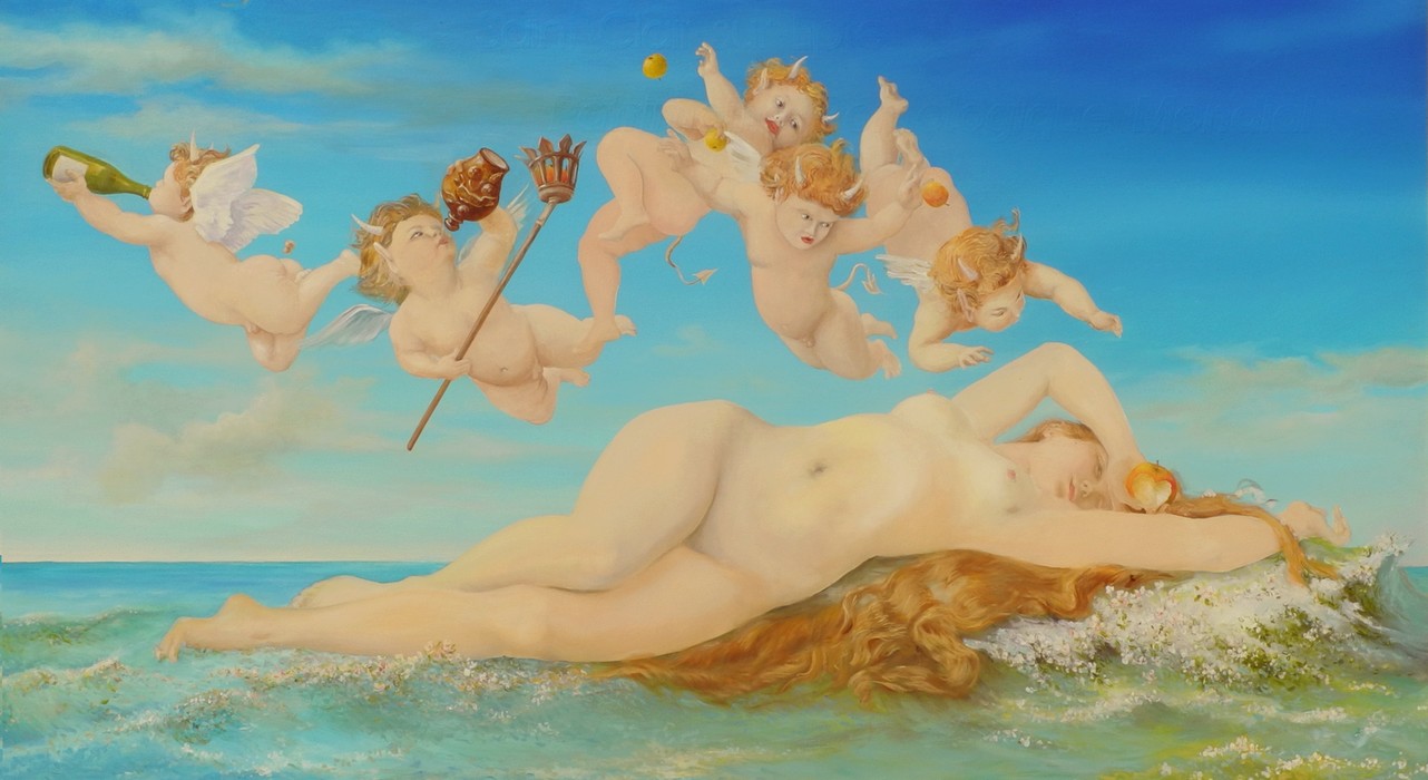 Venus devenant Eve, la pomme croque dans la mains de Venus de Cabanel devient Eve de Pierre Marcel, et les angelots normands deviennent de gentils diablotins normands (petites cornes, queues) cueillant les pommes offertes  Adam et Eve
